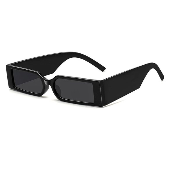 Black Small Thin Narrow Square Fashion Old School Unisex Mens Womens Sunglasses - Picture 1 of 9